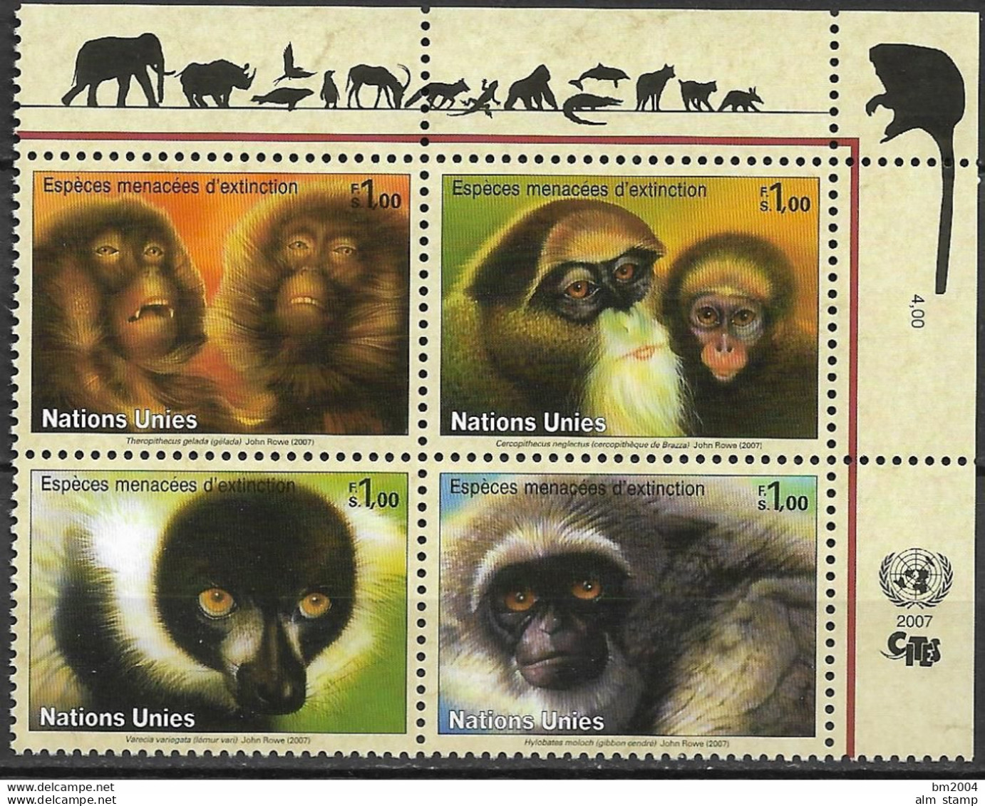 2007  UNO Genf Mi. 561-4**MNH  Gefährdete Arten : Primaten. - Ongebruikt