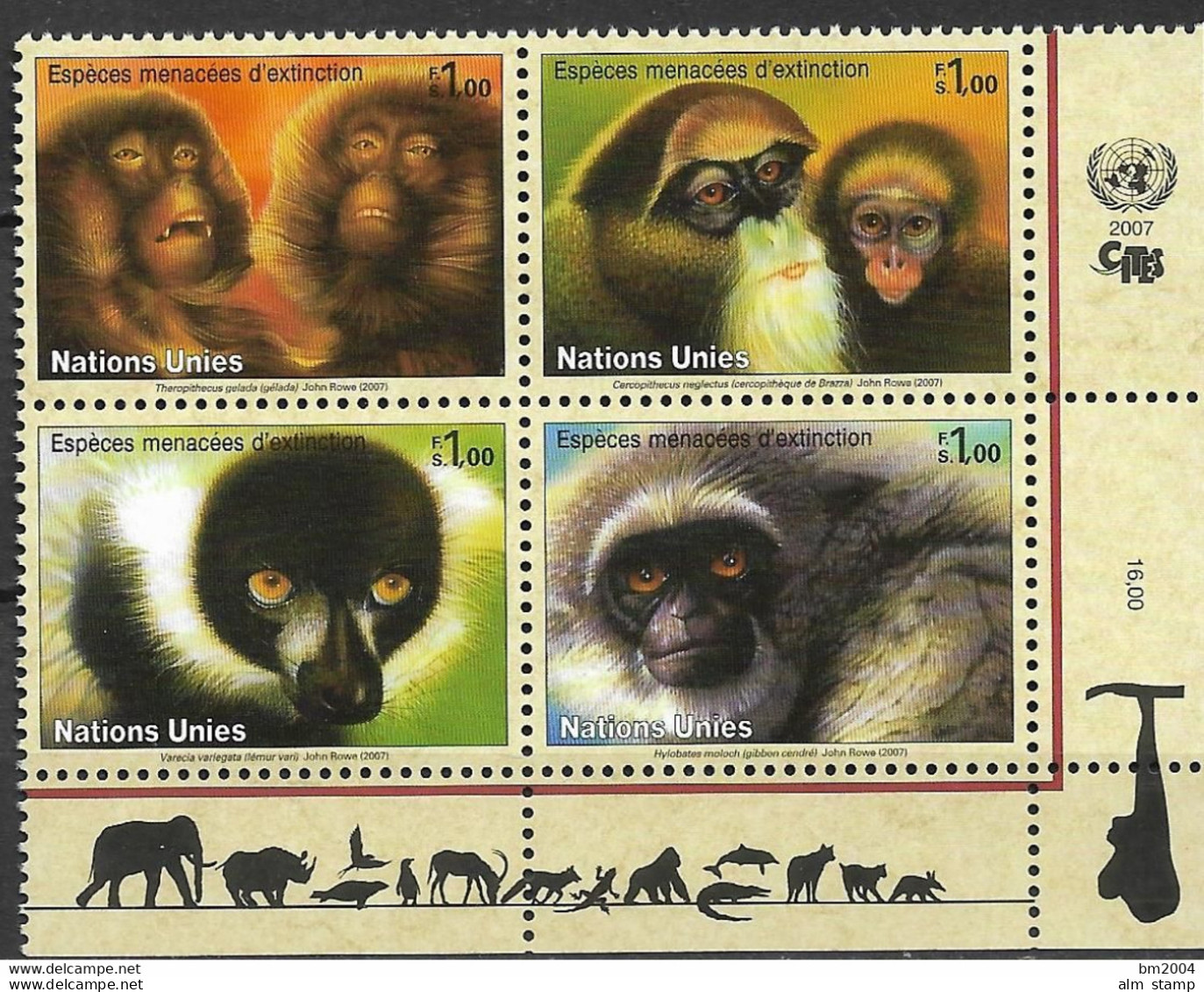 2007  UNO Genf Mi. 561-4**MNH  Gefährdete Arten : Primaten. - Neufs