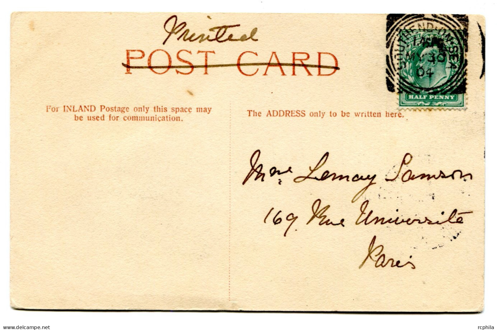 RC 26061 GRANDE BRETAGNE SQUARED CIRCLE " SOUTHEND ON SEA " MY 30 1904 POSTMARK ON POST CARD VF - Marcofilie