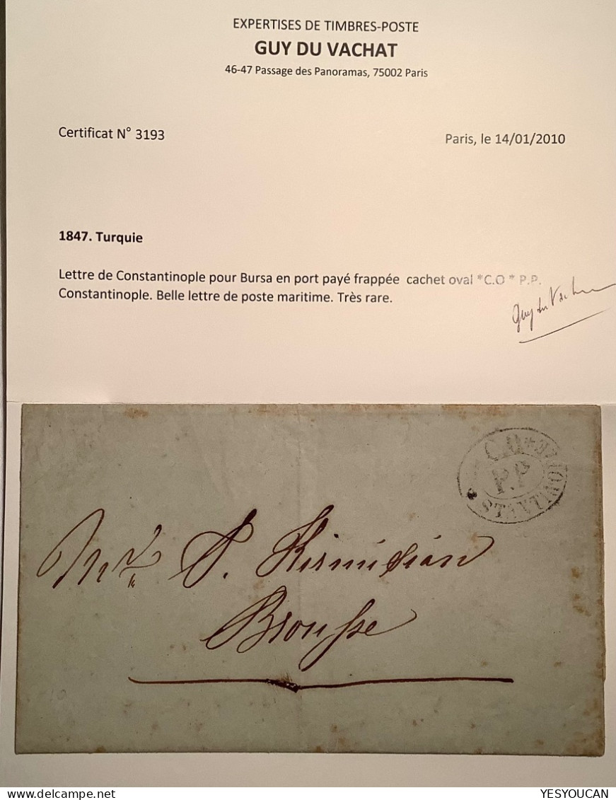 1847 Turkey RARE Ship Mail: CO / PP CONSTANTINOPLE Entire Letter>Brousse (Maritime Cover Turquie Poste Maritime Lettre - Lettres & Documents