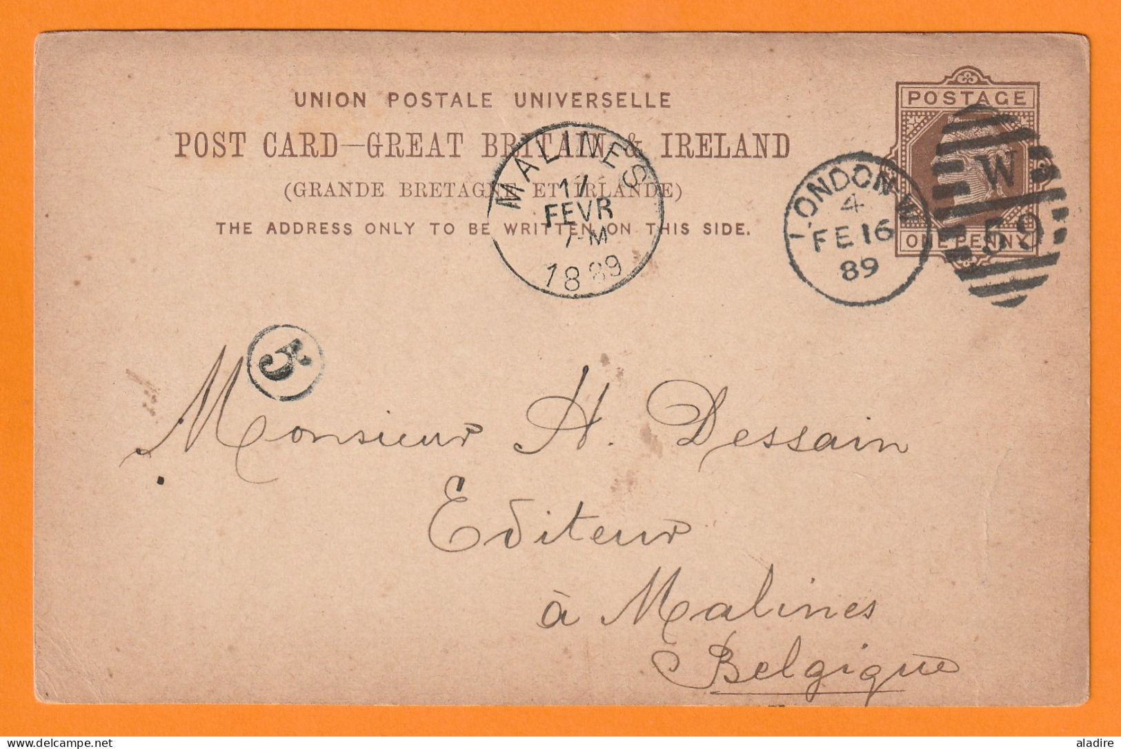 1889 - QV - Entier CP Privé  One Penny De London Londres Vers Mechelen Malines, Belgique - Contrôle Arrivée 5 - Poststempel