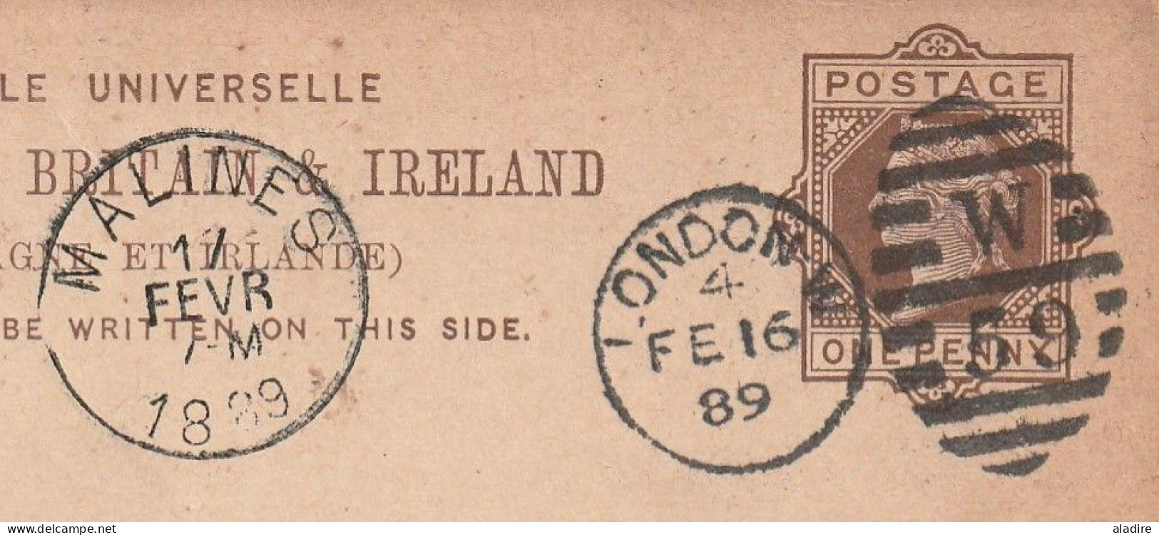 1889 - QV - Entier CP Privé  One Penny De London Londres Vers Mechelen Malines, Belgique - Contrôle Arrivée 5 - Poststempel