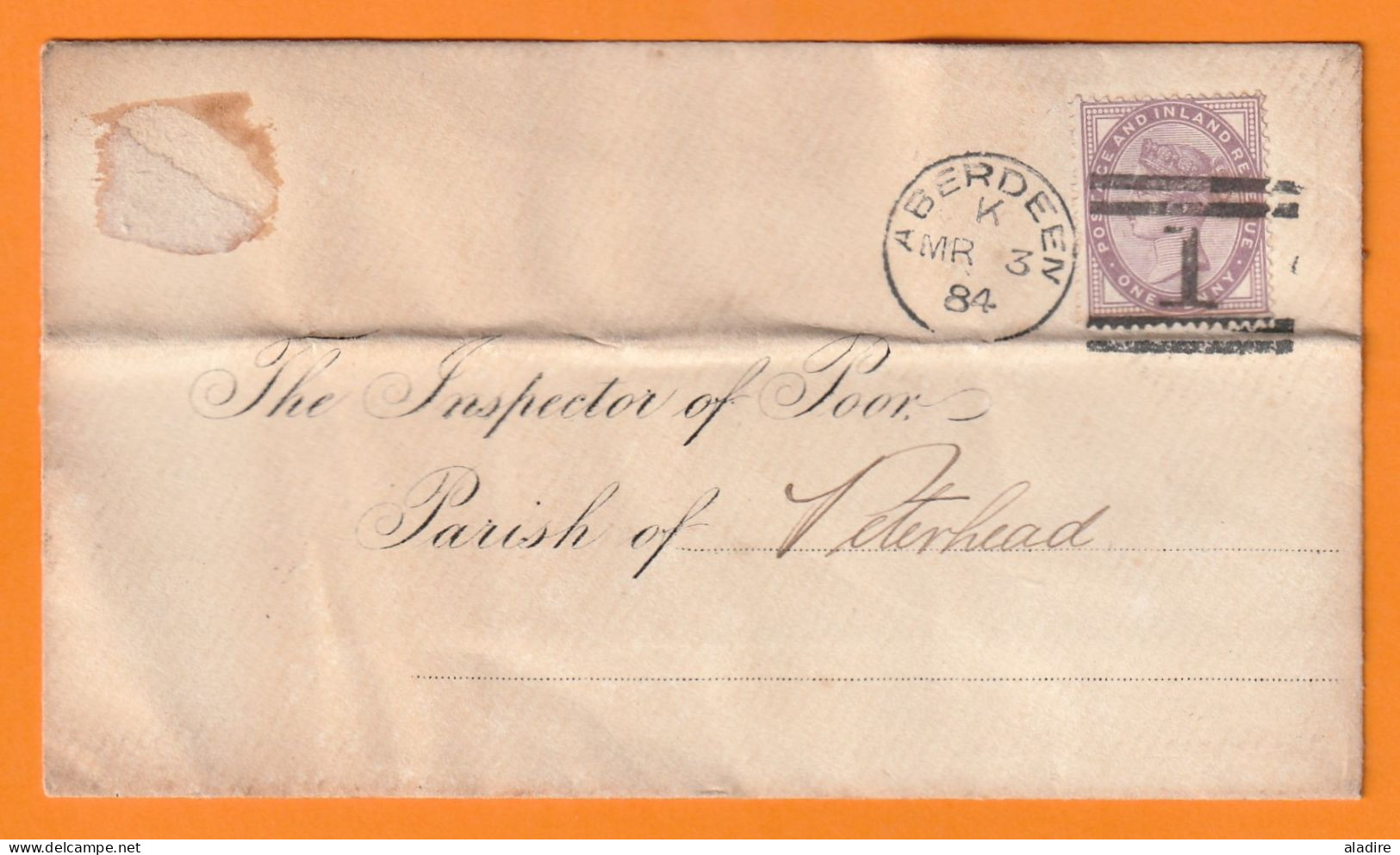 1884 - QV - Enveloppe De ABERDEEN Vers The Inspector Of Poor, PETERHEAD , Scotland, Ecosse - 1 D Stamp - Arrival Stamp - Postmark Collection