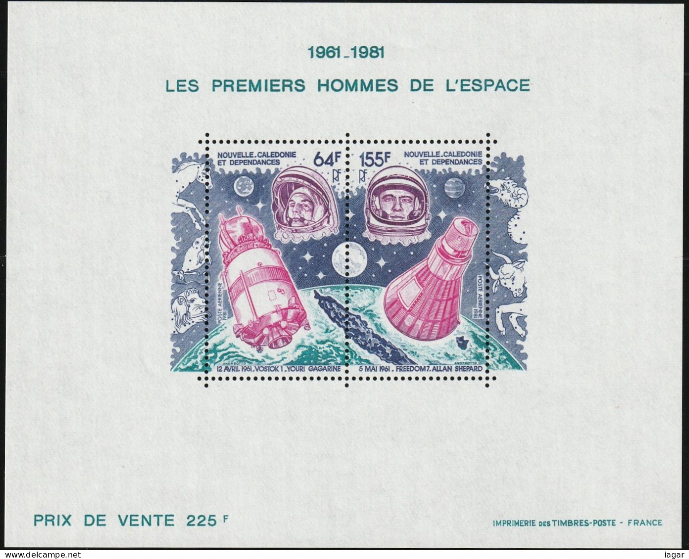 THEMATIC SPACE:  20th ANNIVERSARY OF THE FIRST MEN IN THE SPACE, GAGARIN AND SHEPARD  - SHEET  -   NEW CALEDONIA - Océanie