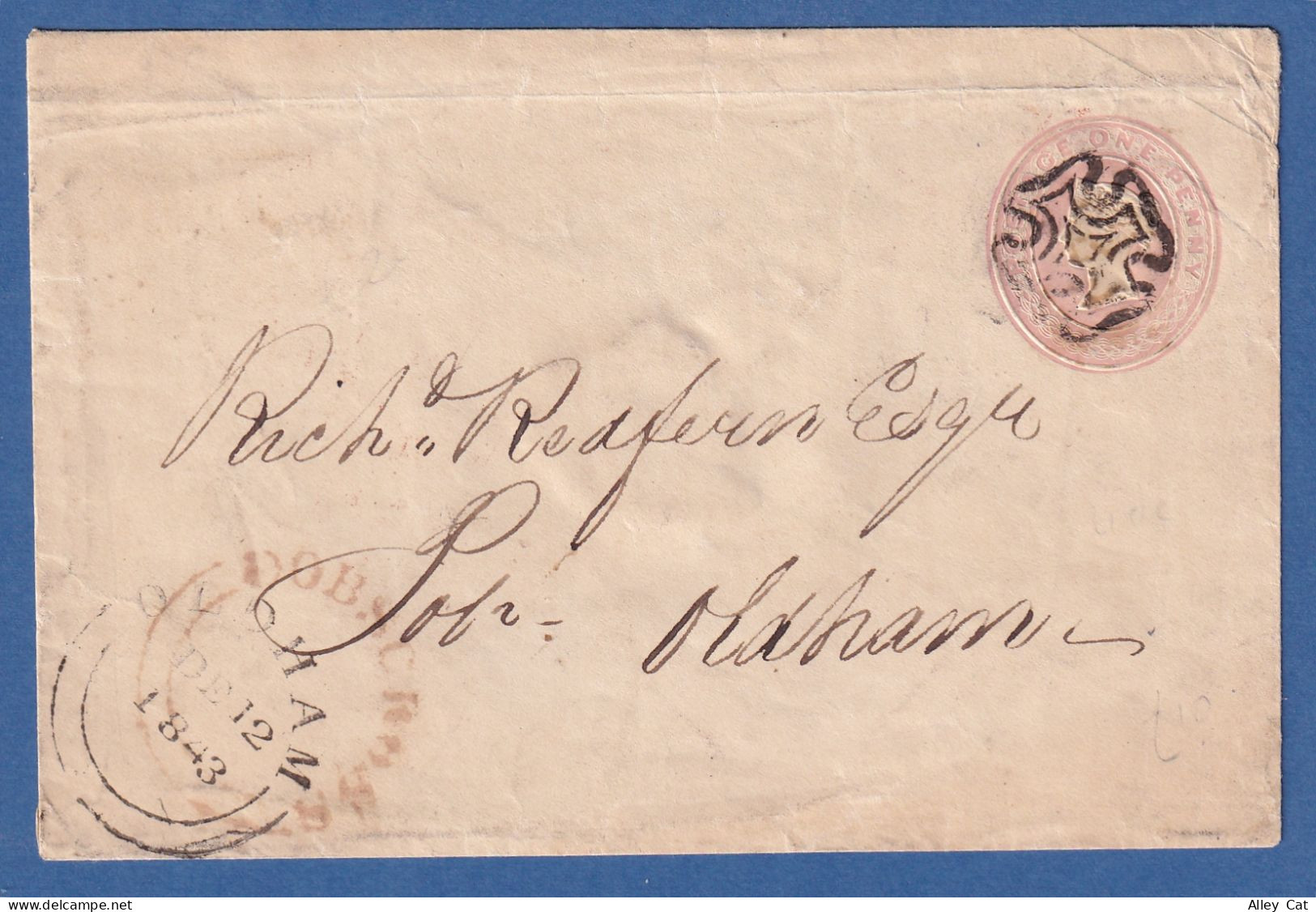 GB 1843 QV  Postal Stationary 1d Pink Cover From Manchester To Oldham - Maltese Cross Cancel - Covers & Documents