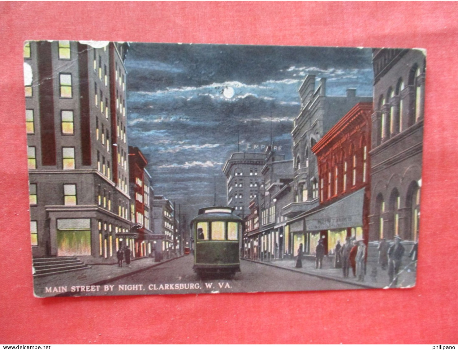 Night View Trolley On Main Street.   Clarksburg  West Virginia      Ref 6227 - Clarksburg