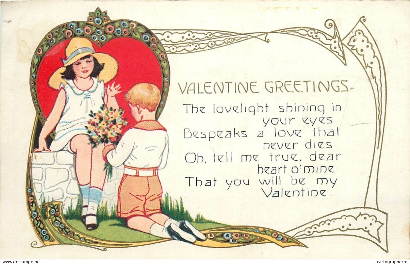Valentine Greetings Drawn Embossed Children Couple British Art Nouveau Greetings Postcard 1939 - Valentine's Day