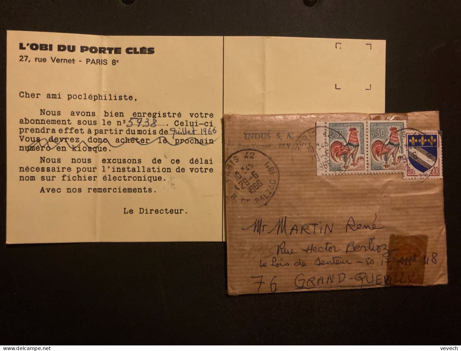 LETTRE TP COQ DE DECARIS 0,30 Paire De Carnet + TROYES 0,10 OBL.29-6 1966 PARIS 42 - 1962-1965 Haan Van Decaris