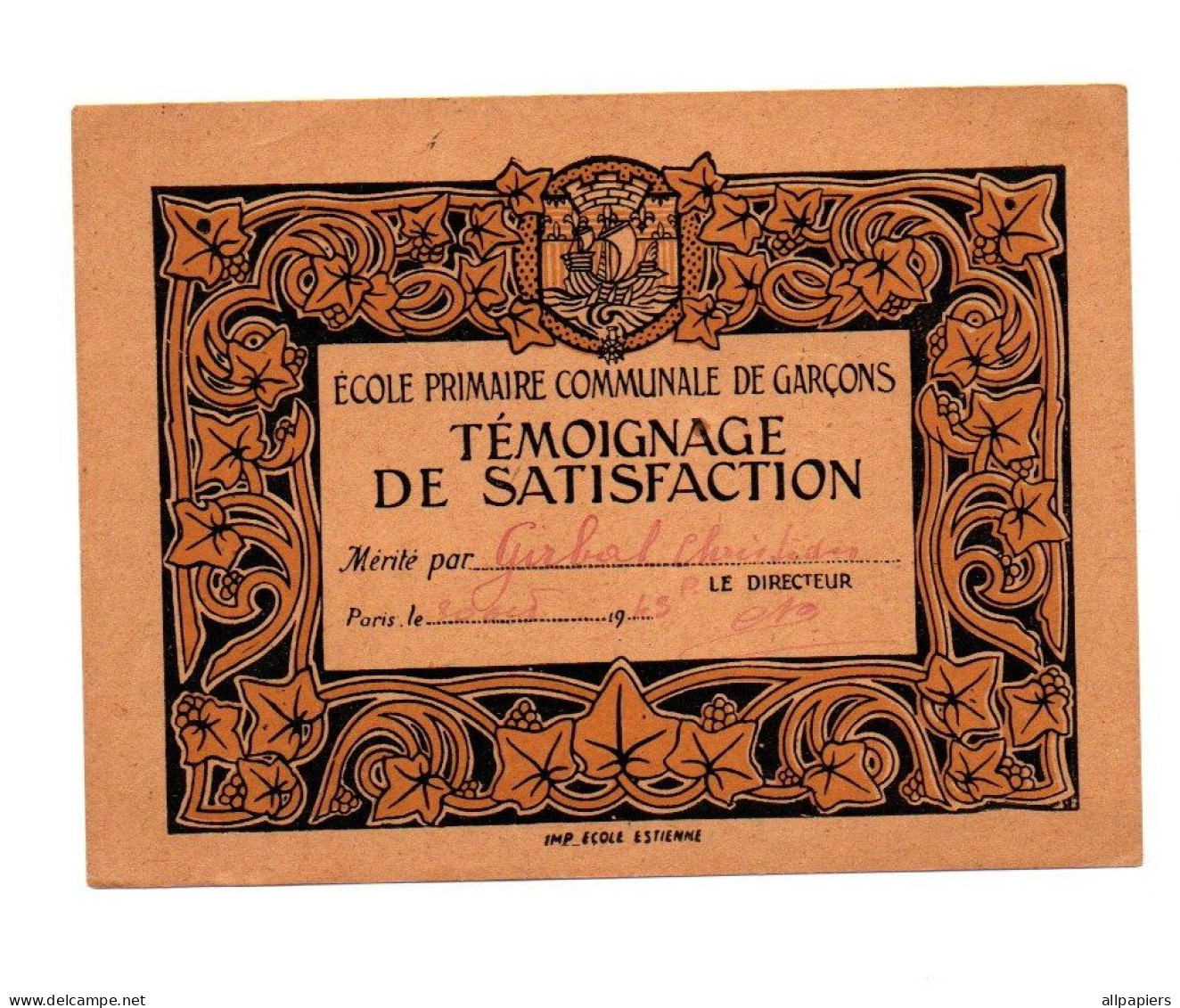 Témoignage De Satisfaction Ecole Primaire Communale De Garçons En 1943 - Format : 11x14.5 Cm - Diplômes & Bulletins Scolaires