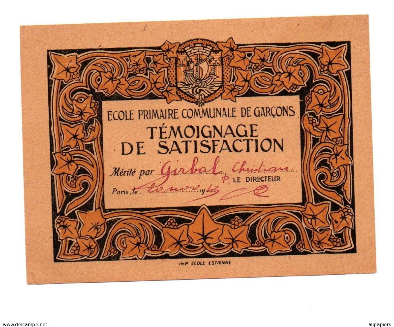 Témoignage De Satisfaction Ecole Primaire Communale De Garçons En Novembre 1943 - Format : 11x14.5 Cm - Diplômes & Bulletins Scolaires