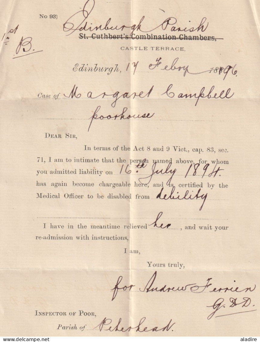1896 - QV - Formulaire Imprimé Plié De La Paroisse D'EDINBURGH Vers The Inspector Of Poor, Peterhead, Ecosse - Marcophilie
