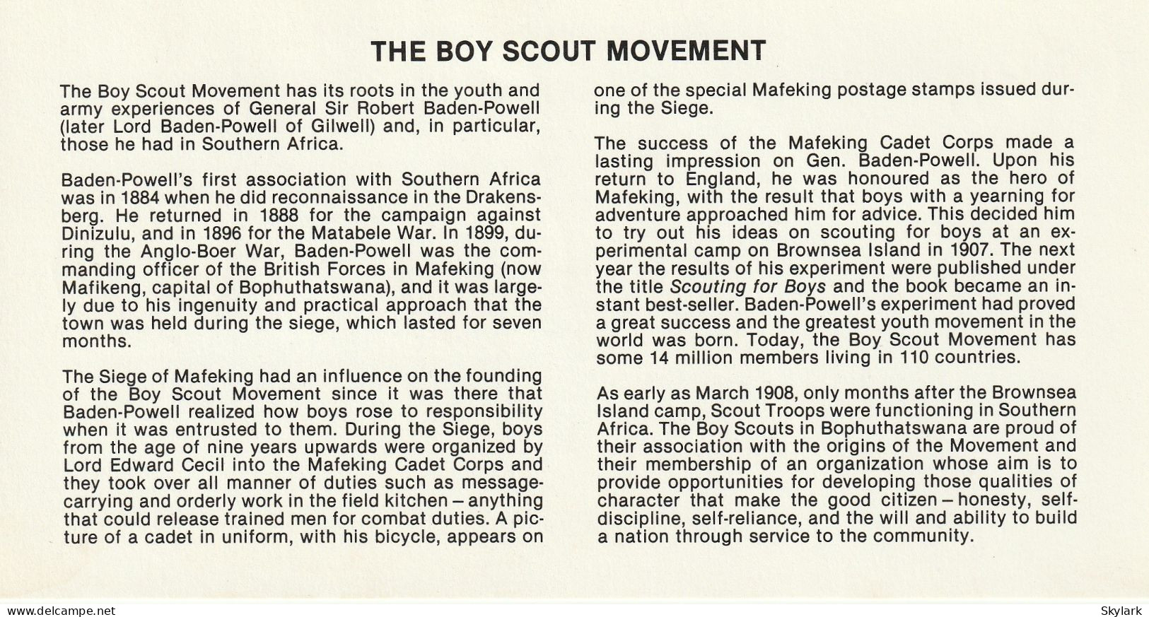 Boy Scout Movement - FDC 1982 - Issued 29 January 1982 - Bophuthatswana