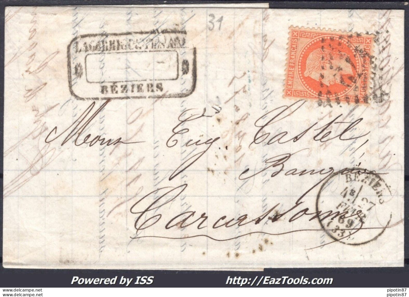 FRANCE N°31 SUR LETTRE GC 472 BEZIERS HERAULT + CACHET A DATE DU 27/02/1869 - 1863-1870 Napoléon III Lauré