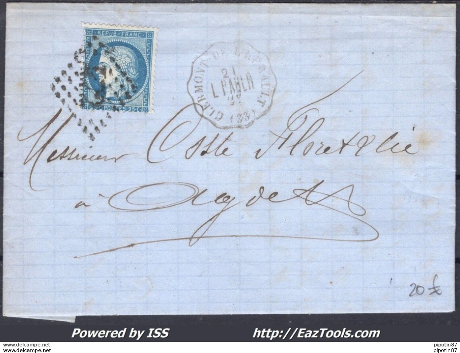 FRANCE N°60A SUR LETTRE GC 472 + CONVOYEUR CLERMONT DE L'HÉRAULT DU 21/08/1872 - 1871-1875 Cérès