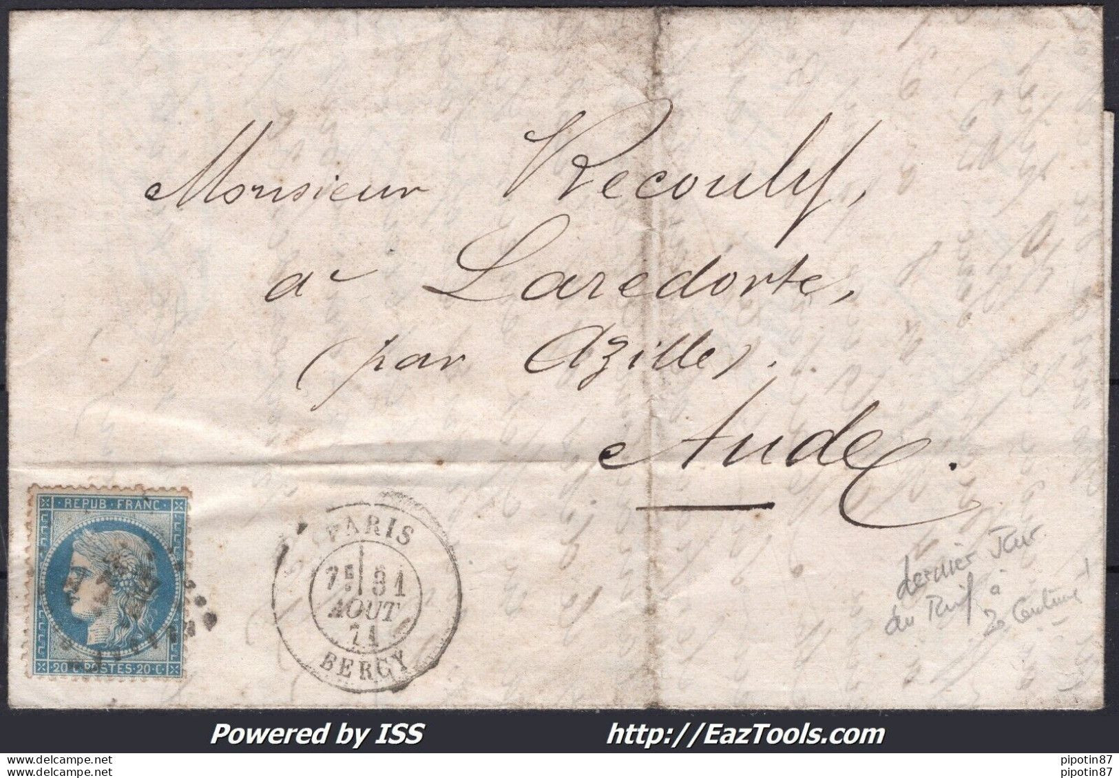 FRANCE N°37 SUR LETTRE GC 445 PARIS BERCY + CAD DERNIER JOUR DE TARIF 31/08/1871 - 1870 Beleg Van Parijs