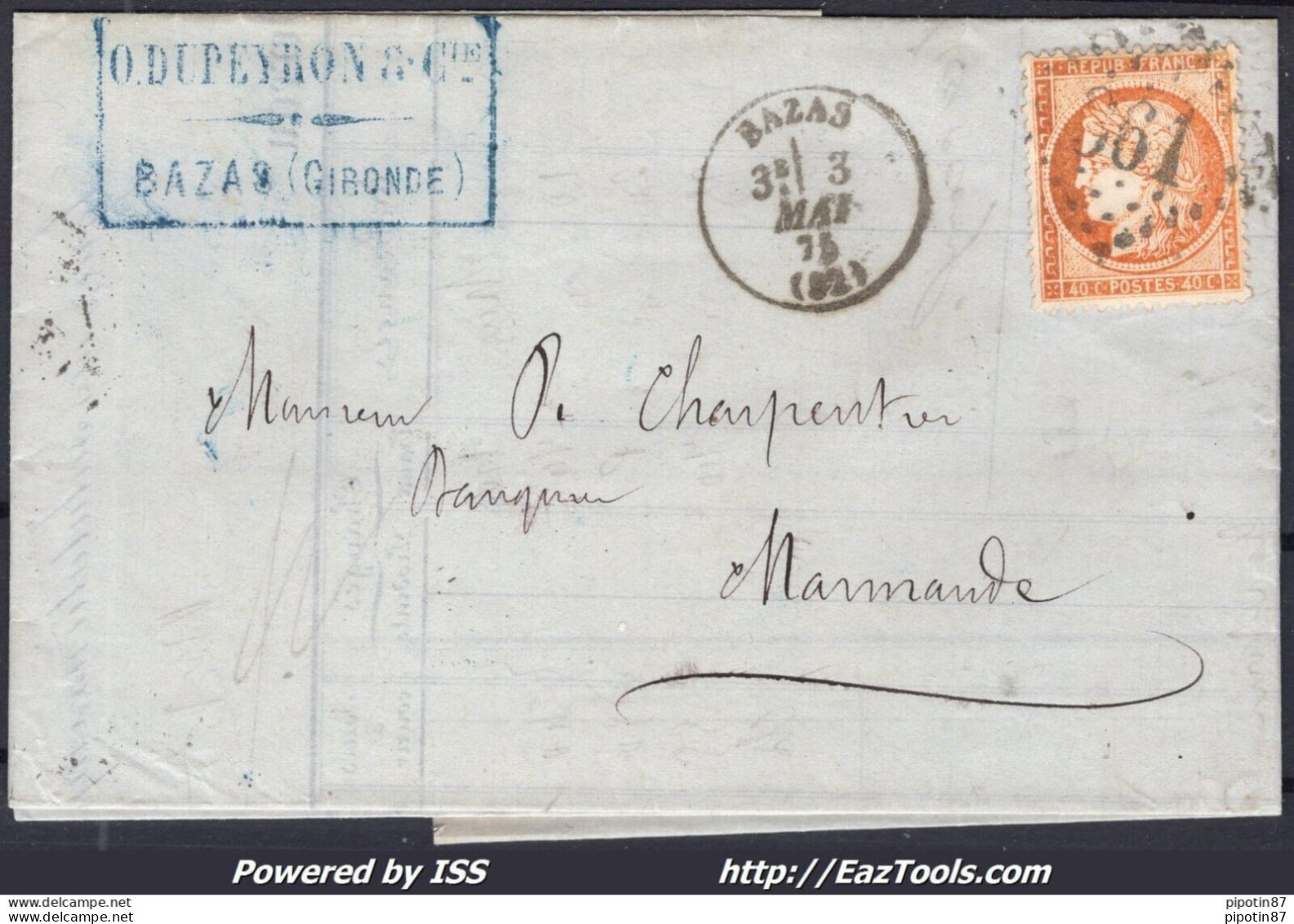 FRANCE N°38 SUR LETTRE GC 361 BAZAS GIRONDE + CAD TYPE 16 DU 03/05/1875 - 1870 Assedio Di Parigi