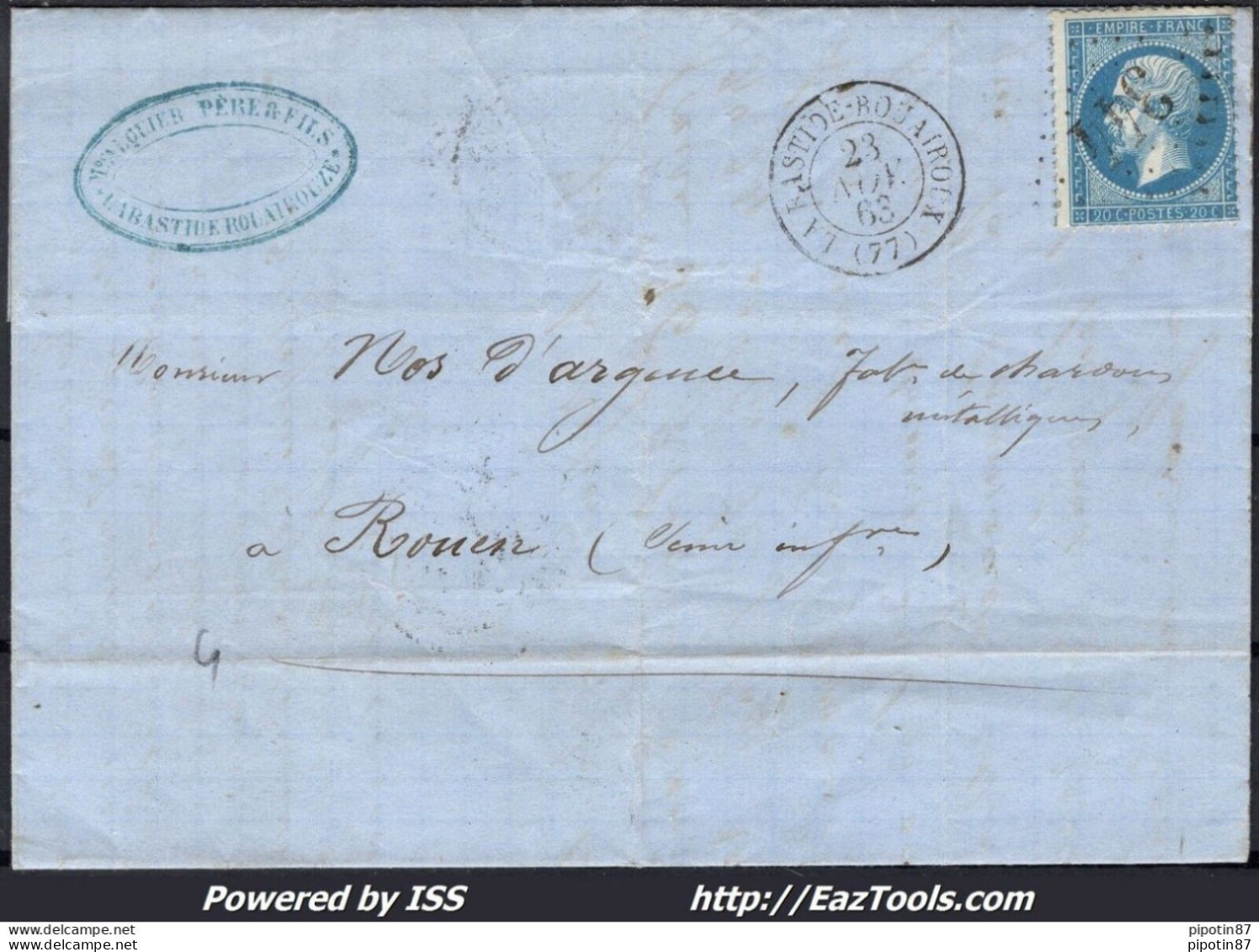 FRANCE N°22 SUR LETTRE GC 344 LA BASTIDE ROUAIROUX TARN + CAD DU 23/11/1863 - 1862 Napoleon III