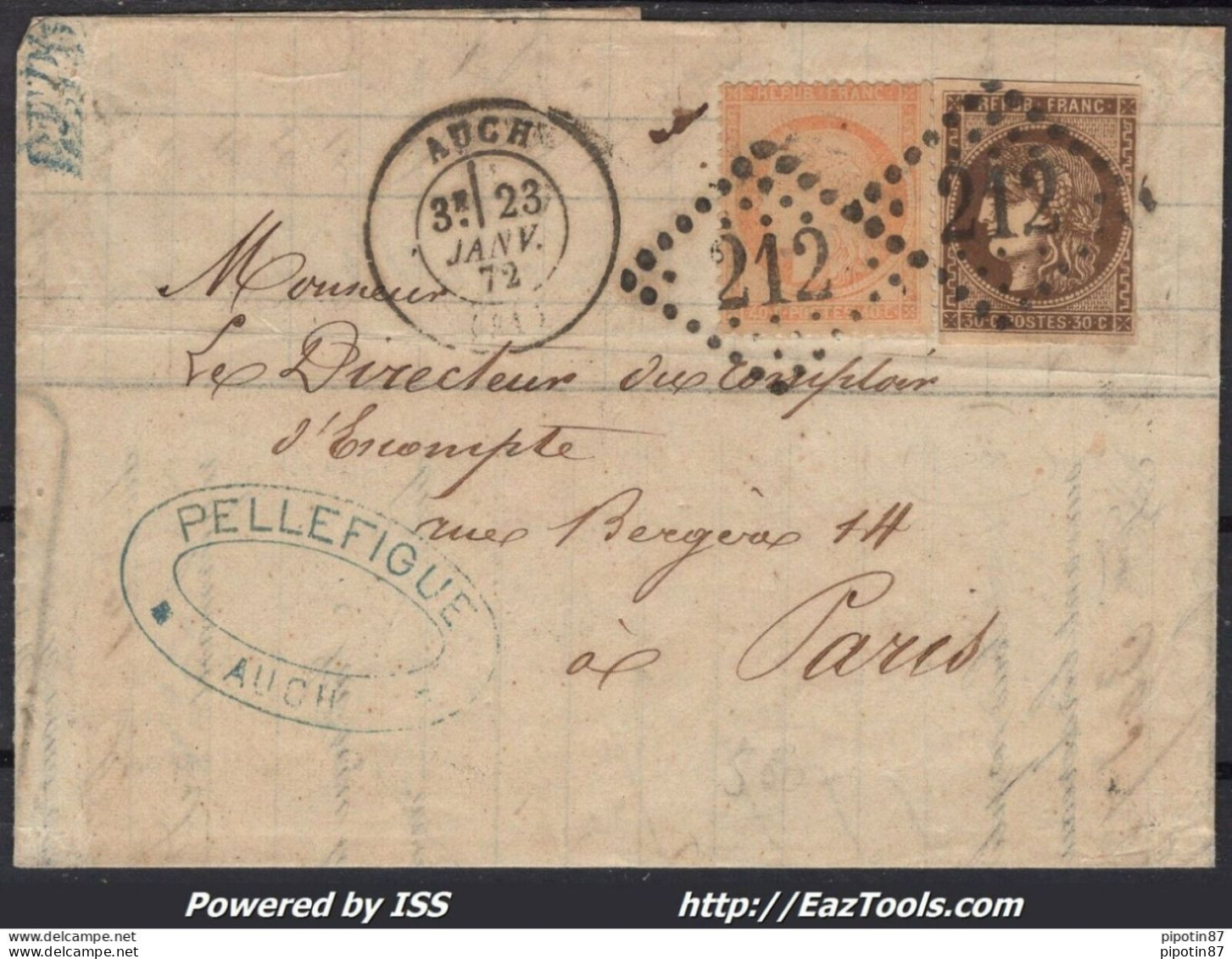 FRANCE N° 38+47 SUR LETTRE POUR PARIS GC 212 AUCH GERS + CAD DU 23/01/1872 - 1870 Emisión De Bordeaux