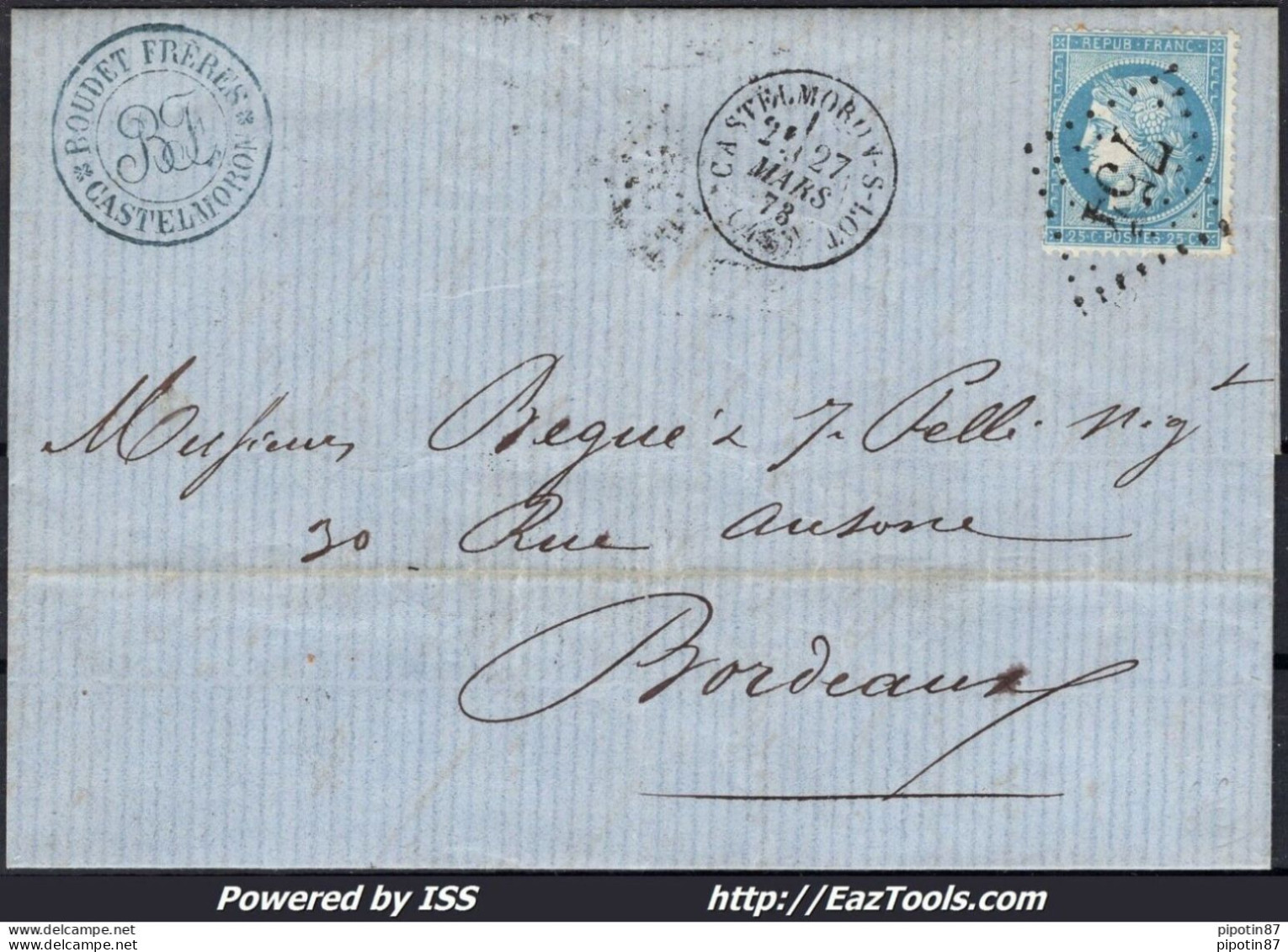 FRANCE N°60A SUR LETTRE GC 754 CASTELMORON SUR LOT + CAD DU 27/03/1873 - 1871-1875 Ceres