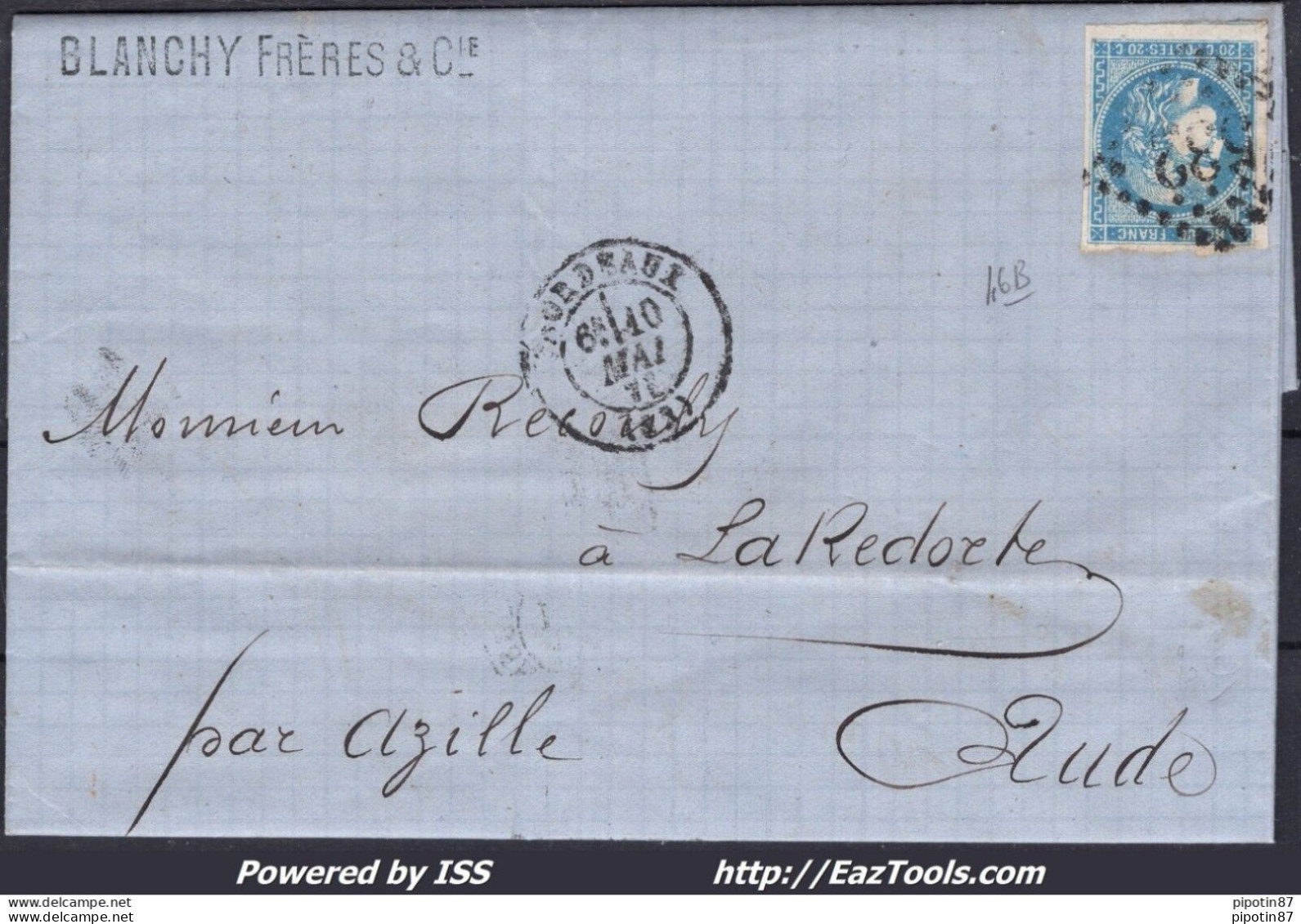 FRANCE N° 46B SUR LETTRE GC 532 BORDEAUX GIRONDE + CAD DU 10/05/1871 - 1870 Bordeaux Printing