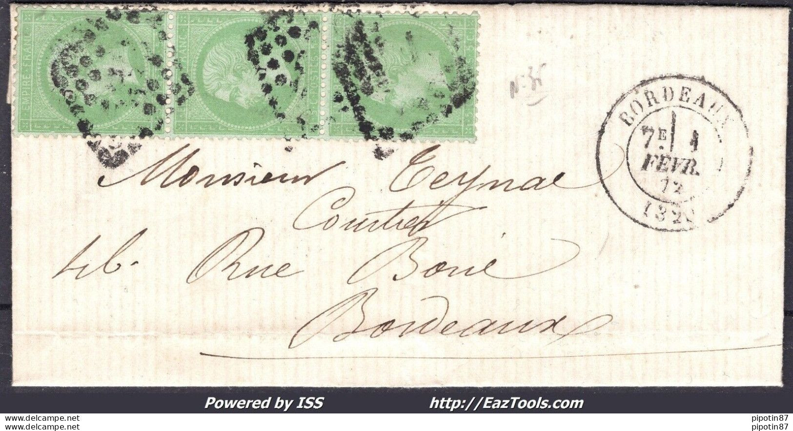 FRANCE BANDE DE 3 N°35 SUR LETTRE AVEC GC 532 BORDEAUX GIRONDE DU 01/02/1872 - 1862 Napoléon III