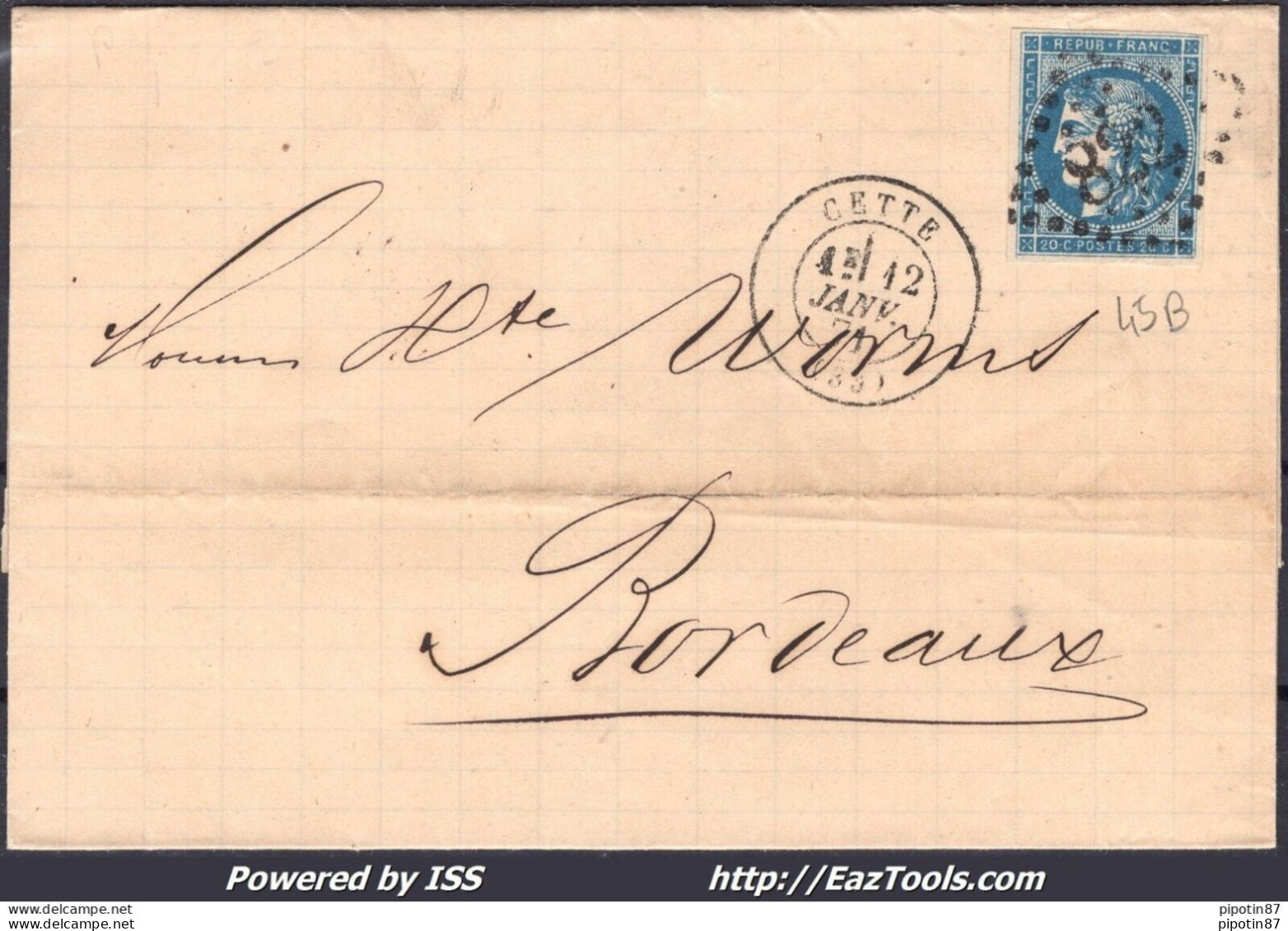 FRANCE N°45B SUR LETTRE GC 822 CETTE HÉRAULT + CAD DU 12/01/1871 - 1870 Uitgave Van Bordeaux