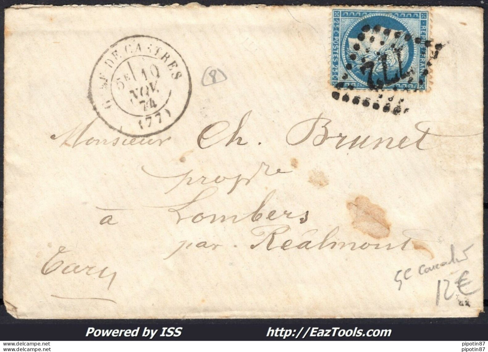 FRANCE N°60A SUR LETTRE POUR LOMBERS GC 772 + CAD GARE DE CASTRES 10/11/1875 - 1871-1875 Ceres