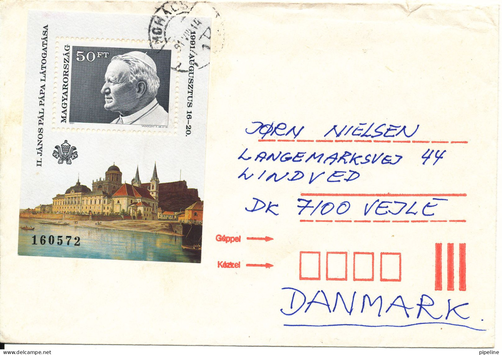 Hungary Cover Sent To Denmark 14-8-1991 With Souvenir Sheet POPE - Covers & Documents