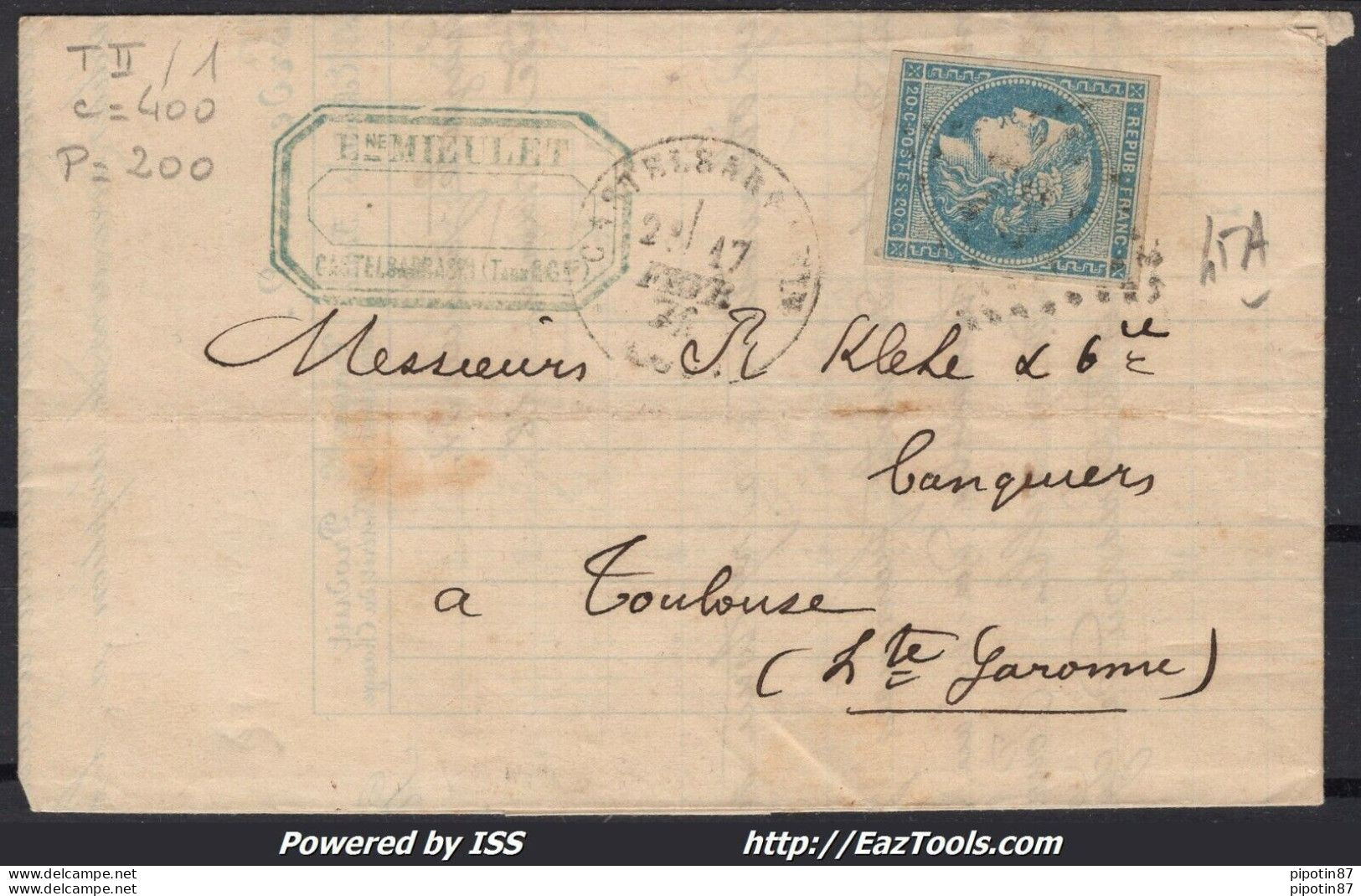 FRANCE N° 45A SUR LETTRE GC 764 CASTELSARRAZIN TARN ET GARONNE + CAD 17/02/1871 - 1870 Bordeaux Printing