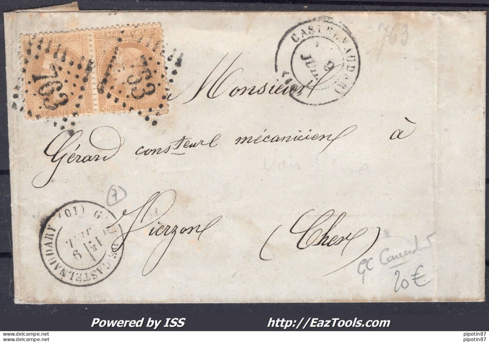 FRANCE N°28Bx2 SUR LETTRE GC 763 CASTELNAUDARY AUDE + CAD GARE DU 09/07/1870 - 1863-1870 Napoleon III With Laurels