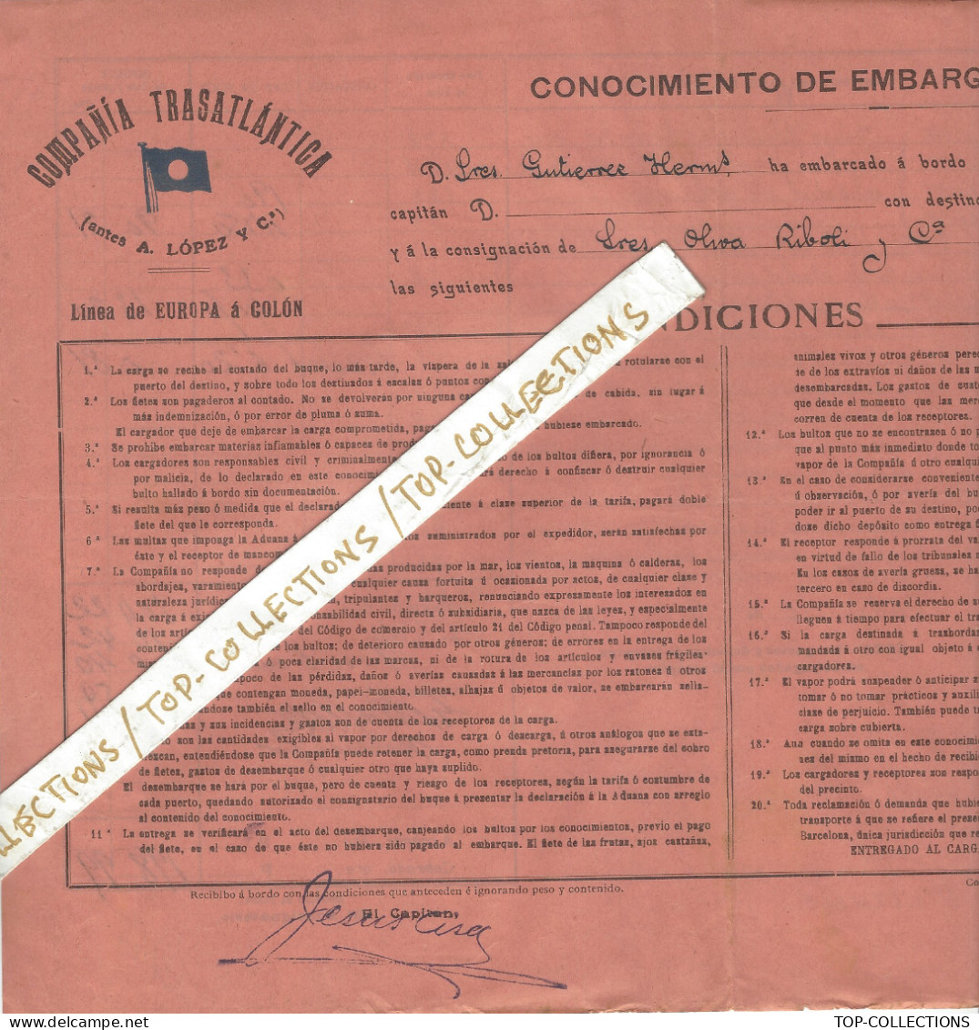 NAVIGATION 1914 BILL OF LADING CONNAISSEMENT CONOCIMIENTO Compania Transatlatica Cadix Pour Maracaibo VENEZUELA V.HIST. - Spagna