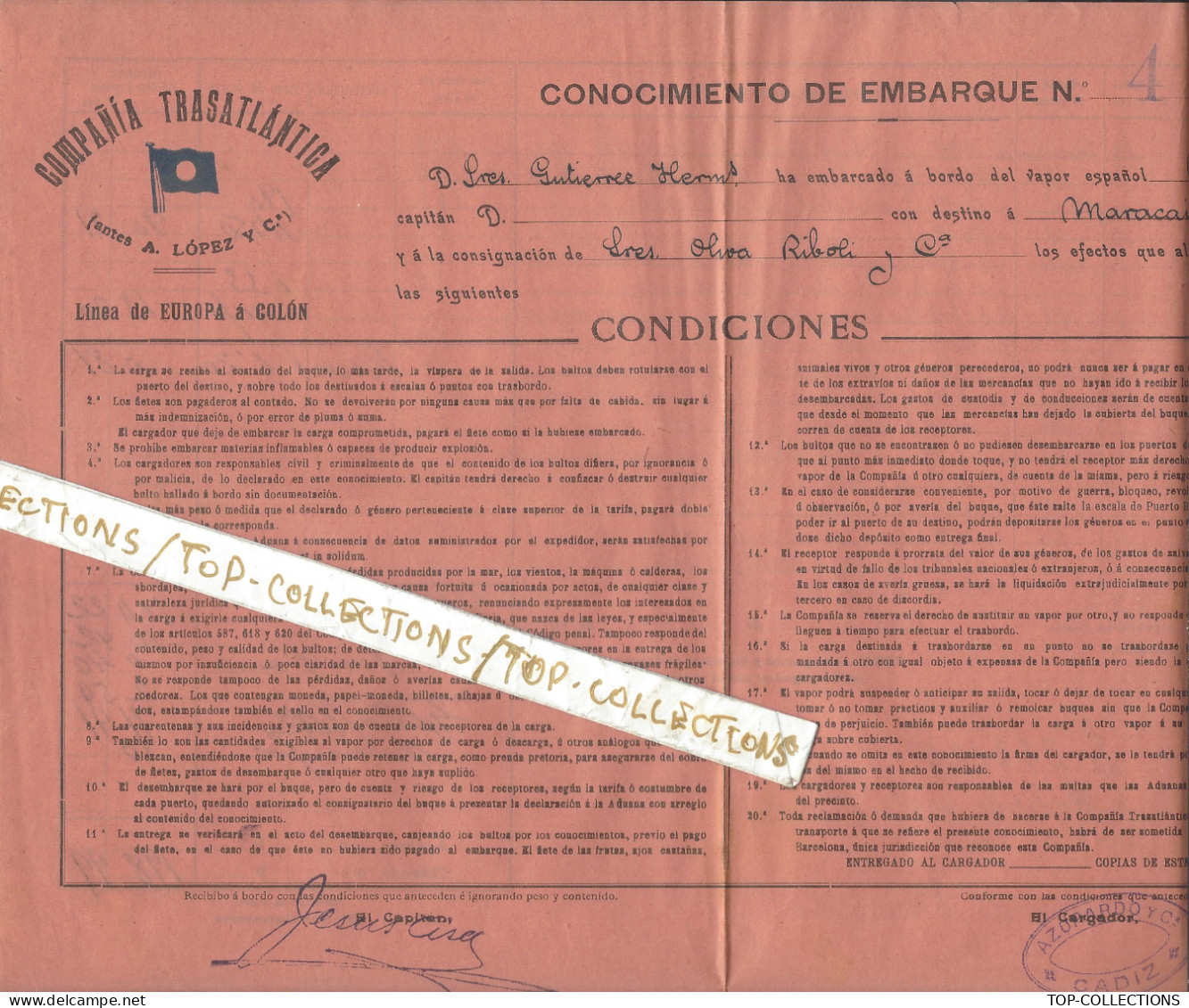 NAVIGATION 1914 BILL OF LADING CONNAISSEMENT CONOCIMIENTO Compania Transatlatica Cadix Pour Maracaibo VENEZUELA V.HIST. - Spain