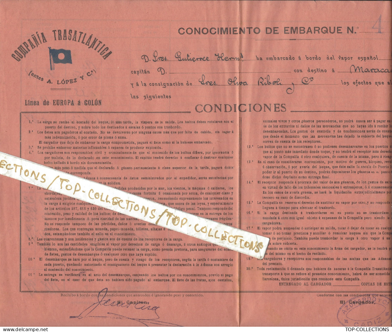NAVIGATION 1914 BILL OF LADING CONNAISSEMENT CONOCIMIENTO Compania Transatlatica Cadix Pour Maracaibo VENEZUELA V.HIST. - Spanje