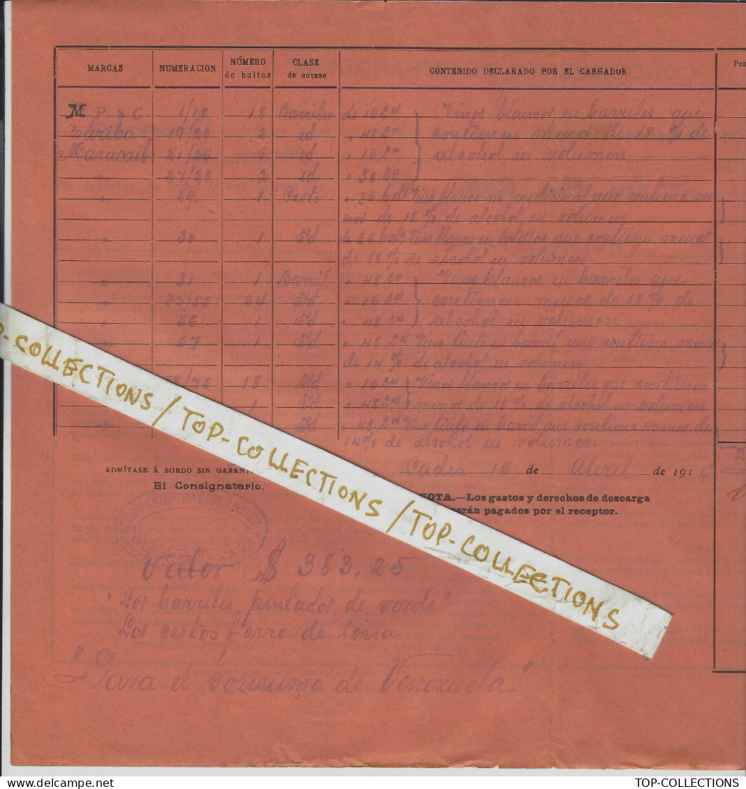 NAVIGATION 1914 BILL OF LADING CONNAISSEMENT CONOCIMIENTO Compania Transatlatica Cadix Pour Maracaibo VENEZUELA V.HIST. - Spanje