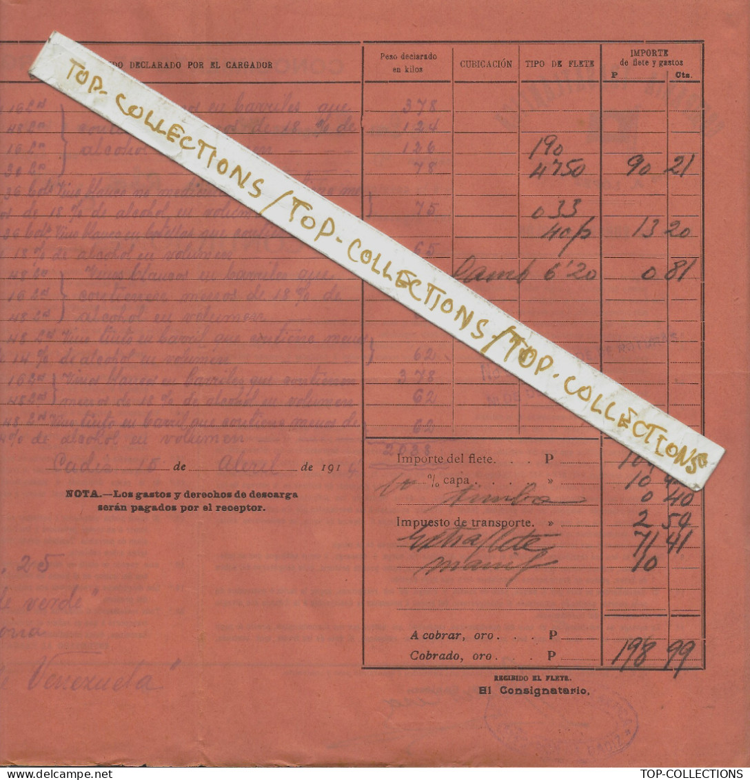 NAVIGATION 1914 BILL OF LADING CONNAISSEMENT CONOCIMIENTO Compania Transatlatica Cadix pour Maracaibo VENEZUELA V.HIST.