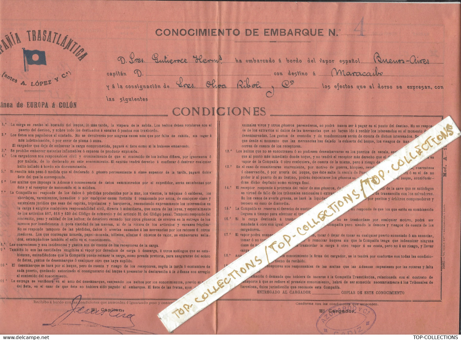 NAVIGATION 1914 BILL OF LADING CONNAISSEMENT CONOCIMIENTO Compania Transatlatica Cadix pour Maracaibo VENEZUELA V.HIST.