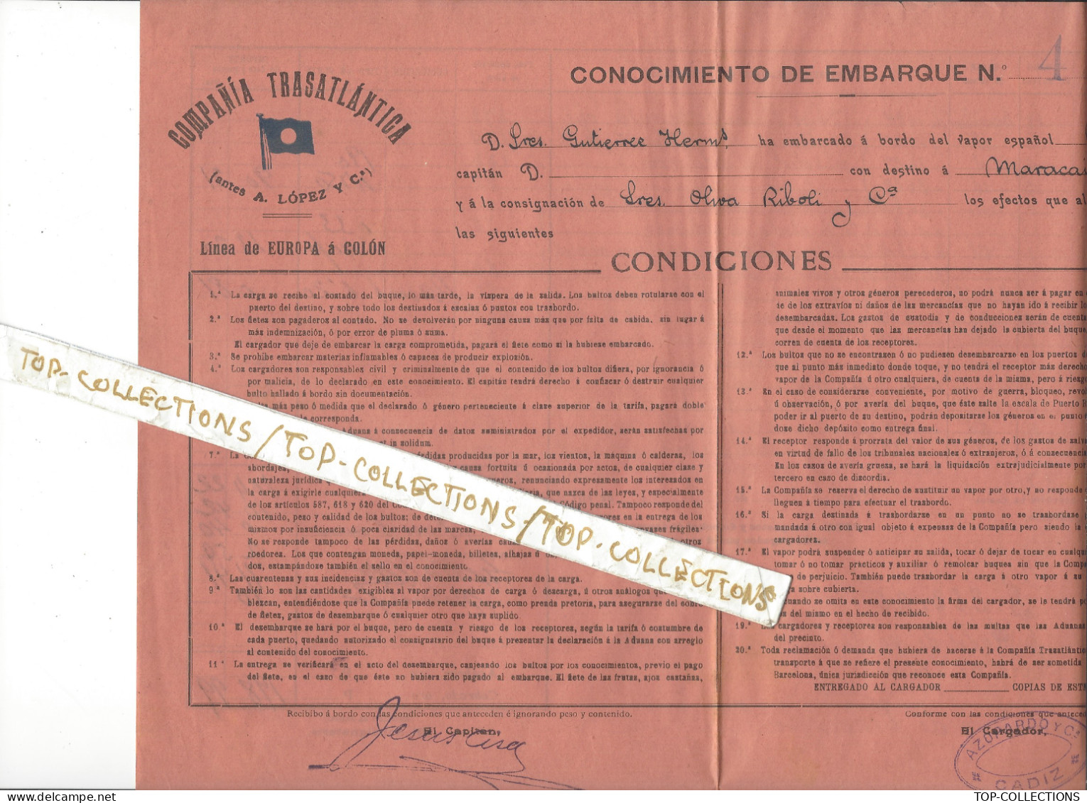 NAVIGATION 1914 BILL OF LADING CONNAISSEMENT CONOCIMIENTO Compania Transatlatica Cadix pour Maracaibo VENEZUELA V.HIST.