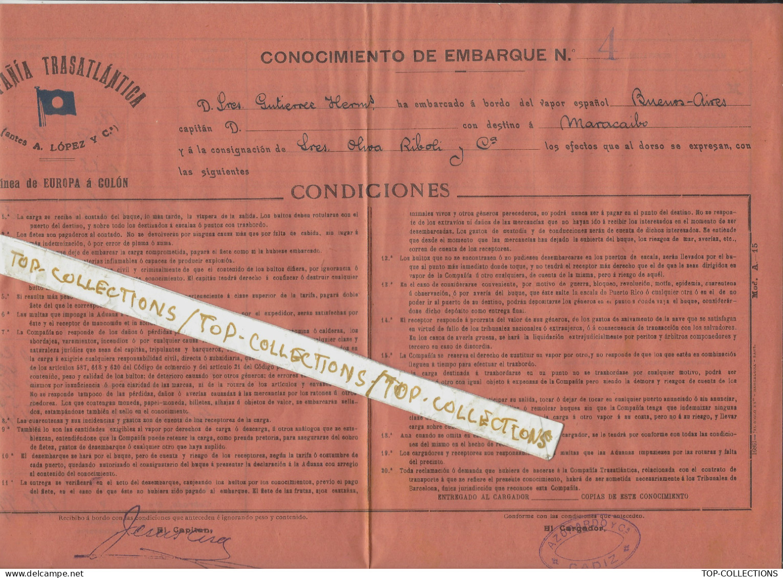 NAVIGATION 1914 BILL OF LADING CONNAISSEMENT CONOCIMIENTO Compania Transatlatica Cadix pour Maracaibo VENEZUELA V.HIST.