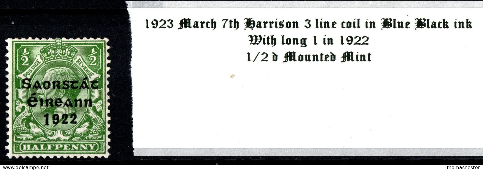 1923 March 7th Harrison 3 Line Coil In Blue Black Ink, 1/2 D Green With Long 1 In 1922 Mounted Mint (MM) - Nuevos