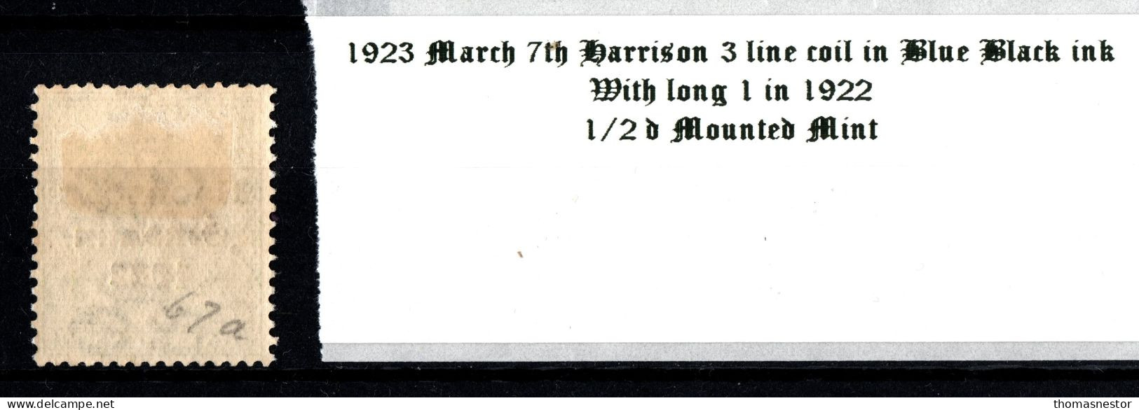 1923 March 7th Harrison 3 Line Coil In Blue Black Ink, 1/2 D Green With Long 1 In 1922 Mounted Mint (MM) - Ungebraucht