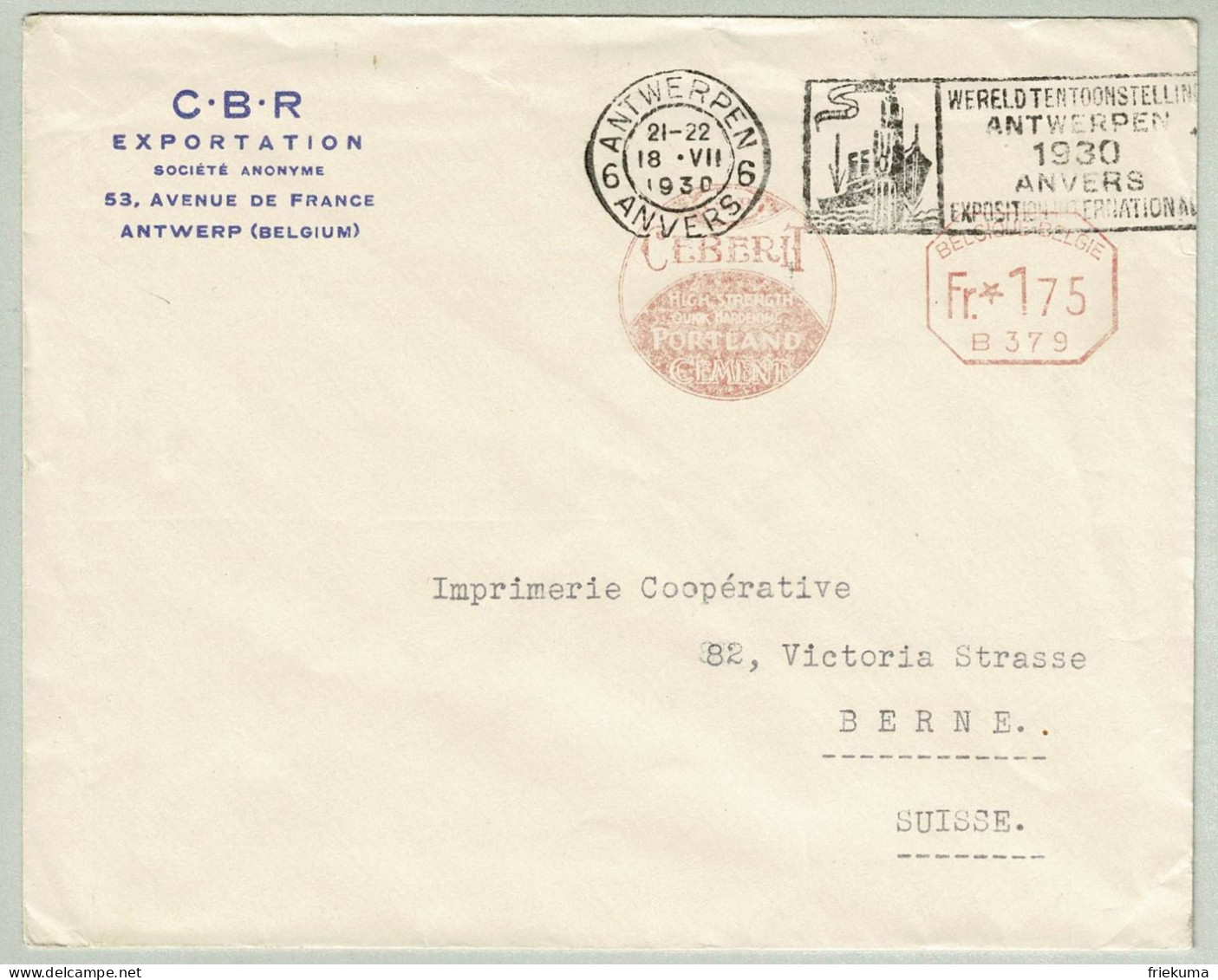 Belgien / Belgique 1930, Brief Freistempel / EMA / Meterstamp Portland Cement Anvers - Bern (Schweiz), Weltausstellung - ...-1959