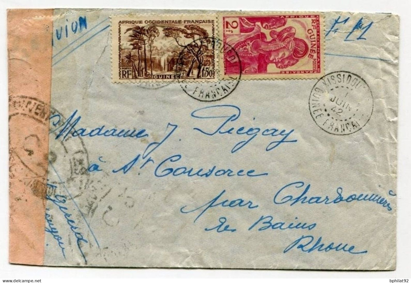 !!! LETTRE DE POSTE AERIENNE DE KISSIDOU (GUINEE) DE 1942  CENSUREE - Storia Postale