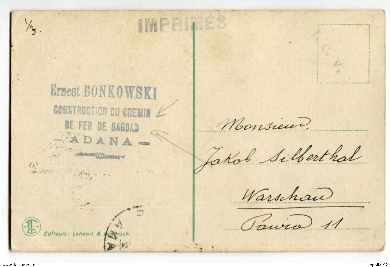 !!! CILICIE, CARTE POSTALE AU TARIF IMPRIME DE 1917 EN-TETE BONKOWSKI CONTRUCTION DU CHEMIN DE FER BAGDAD - ADANA - Covers & Documents