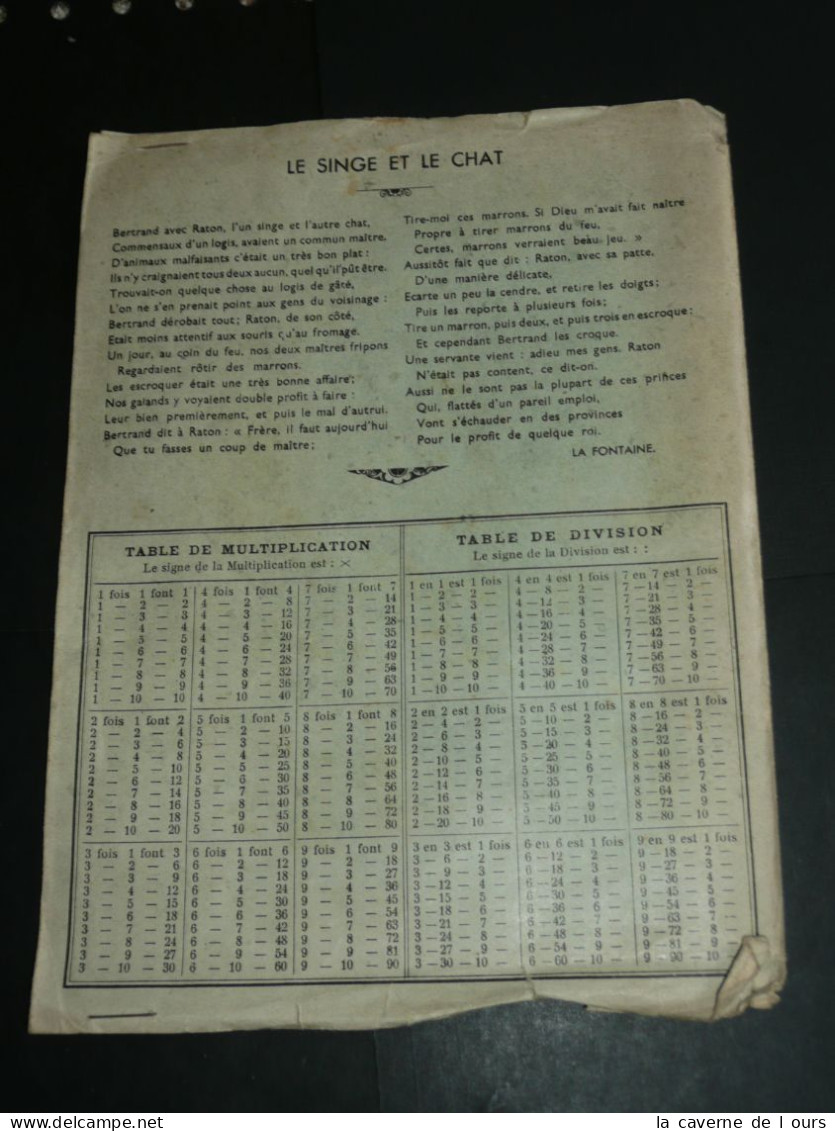 Rare Ancien Protège-cahier Illustré M. Lemainque "Le Singe Et Le Chat" Fable De La Fontaine, Tables - Protège-cahiers