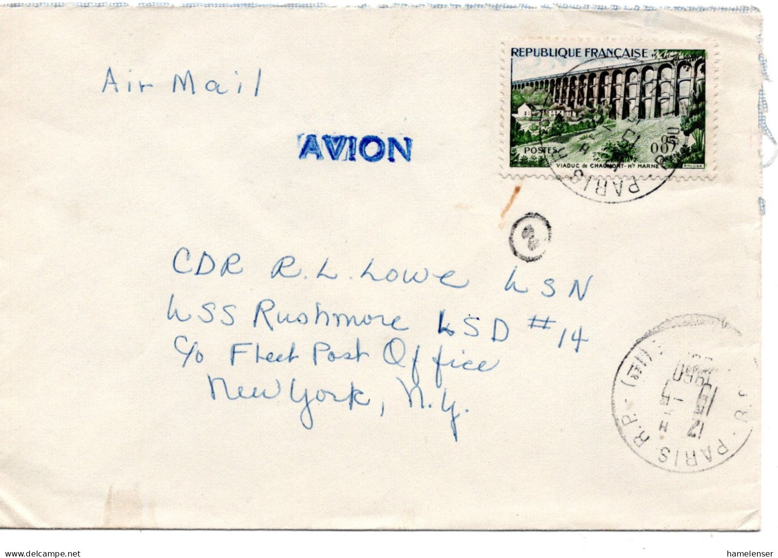 70819 - Frankreich - 1960 - 0,85F Viadukt Chaumont EF A LpBf PARIS -> New York, NY (USA) - Bruggen