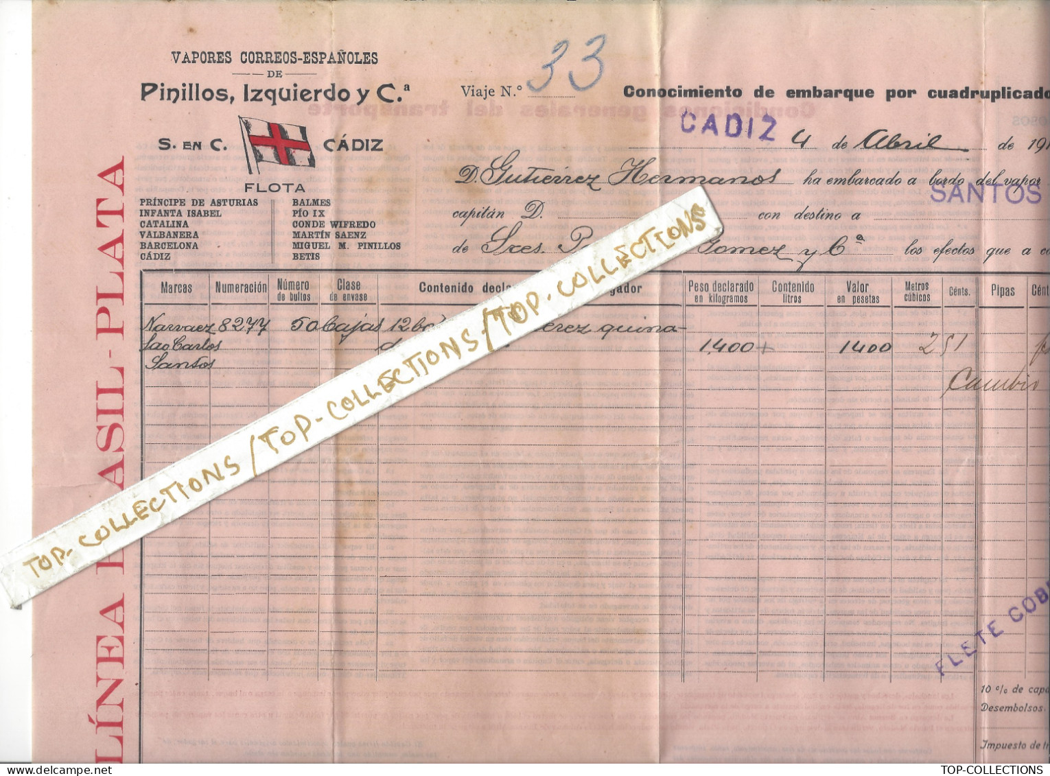1914 NAVIGATION CONNAISSEMENT CONOCIMIENTO « Pinillos Izquierdo Y C.a » Cadiz Espagne Pour  Santos Brésil Cargaison Vin - Spain