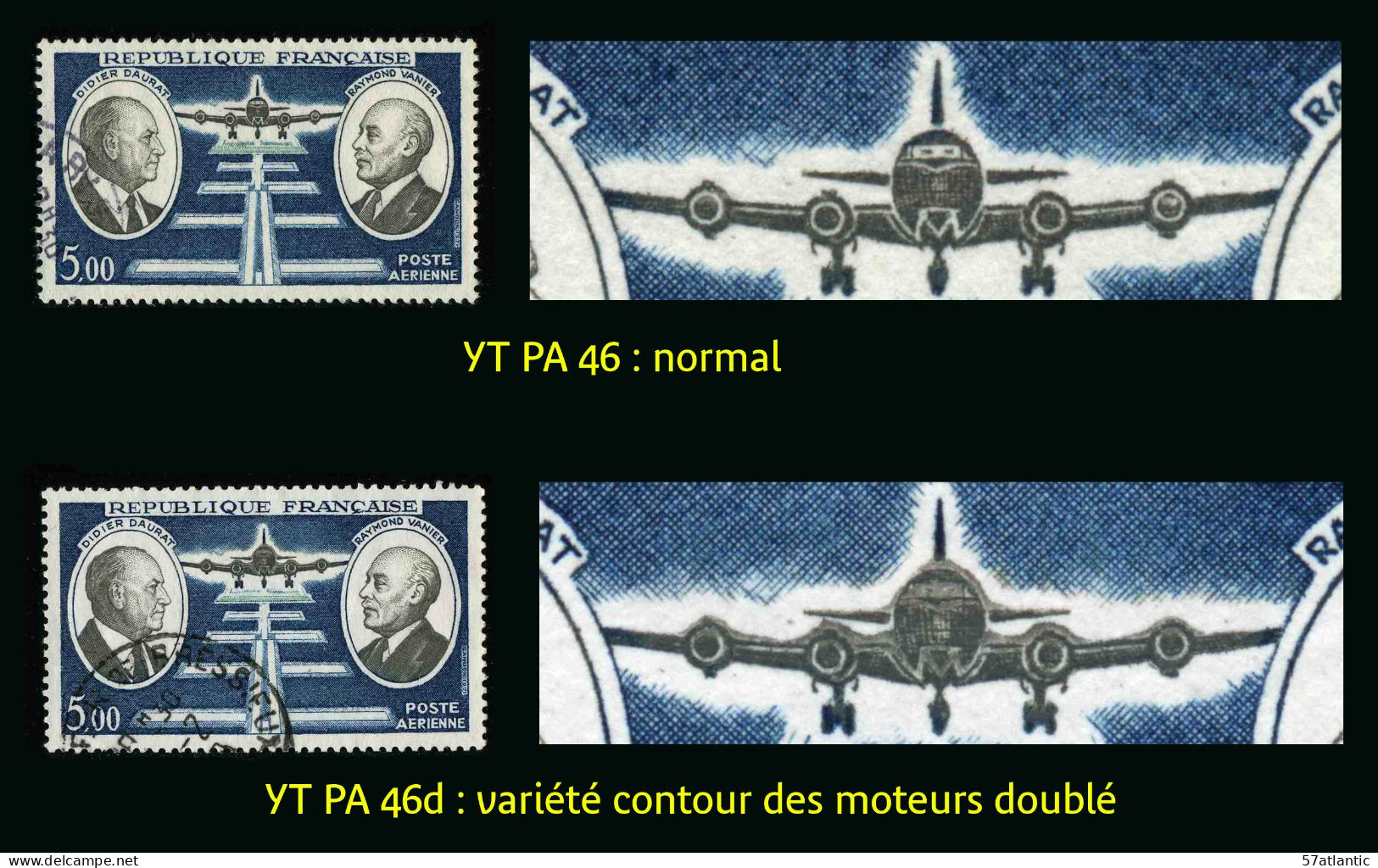 FRANCE - YT PA 46 D - VARIETE CONTOUR DES MOTEURS DOUBLE - POSTE AERIENNE - TIMBRE OBLITERE - Used Stamps