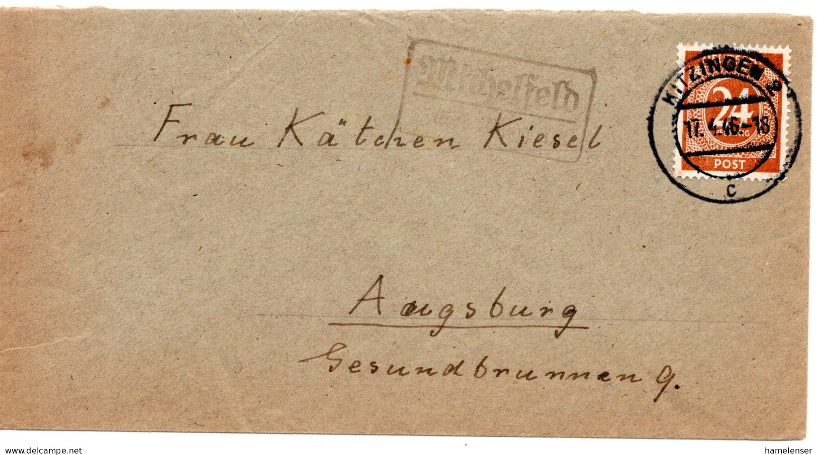 70824 - Alliierte Besetzung - 1946 - 24Pfg Ziffer EF A Bf Landpoststpl MICHELFELD -> KITZINGEN -> AUGSBURG - Lettres & Documents