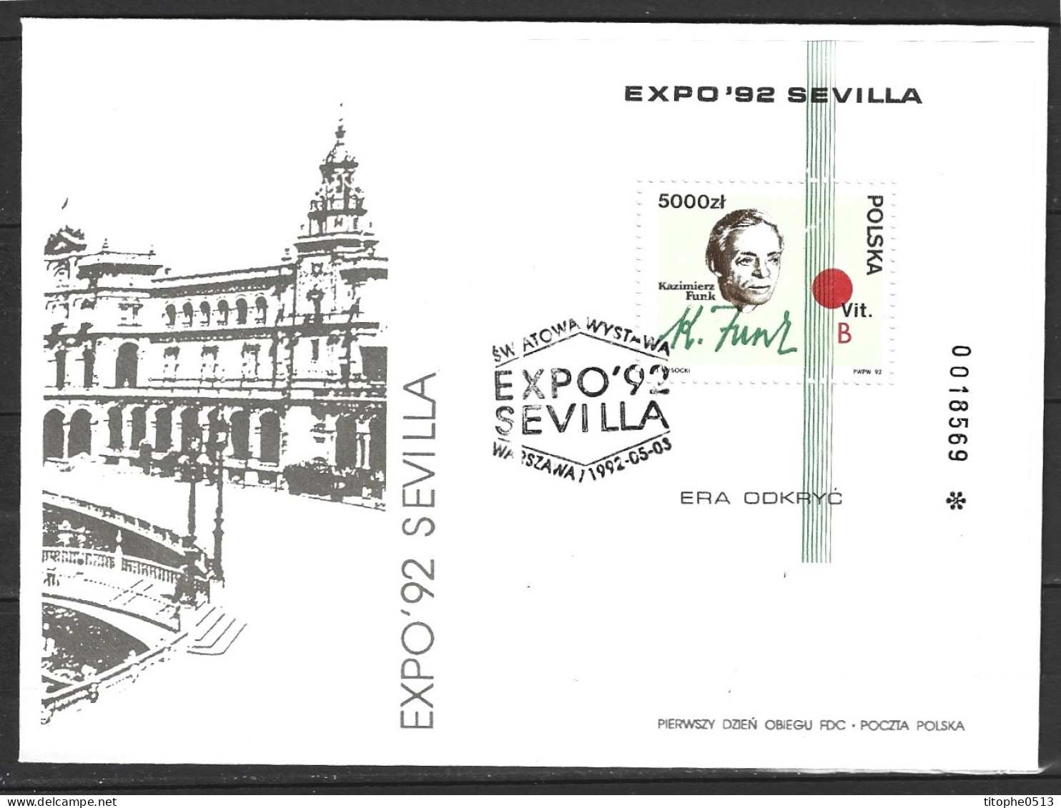 POLOGNE. BF 126 De 1992 Sur Enveloppe 1er Jour. Expo'92. - 1992 – Séville (Espagne)