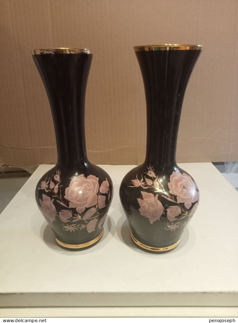 2 Vases Ancien Décor Rose Hauteur 20 Cm - Vasen